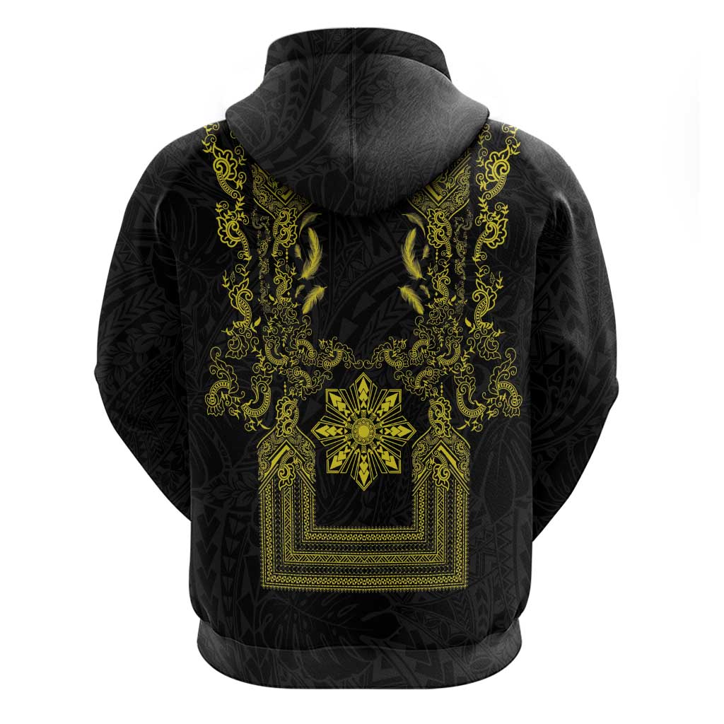 Philippines Barong Style Zip Hoodie with Polynesian Art and Leaf Motif Black-Gold Color LT03 - Polynesian Pride