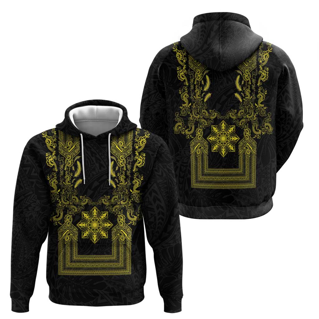 Philippines Barong Style Zip Hoodie with Polynesian Art and Leaf Motif Black-Gold Color LT03 - Polynesian Pride