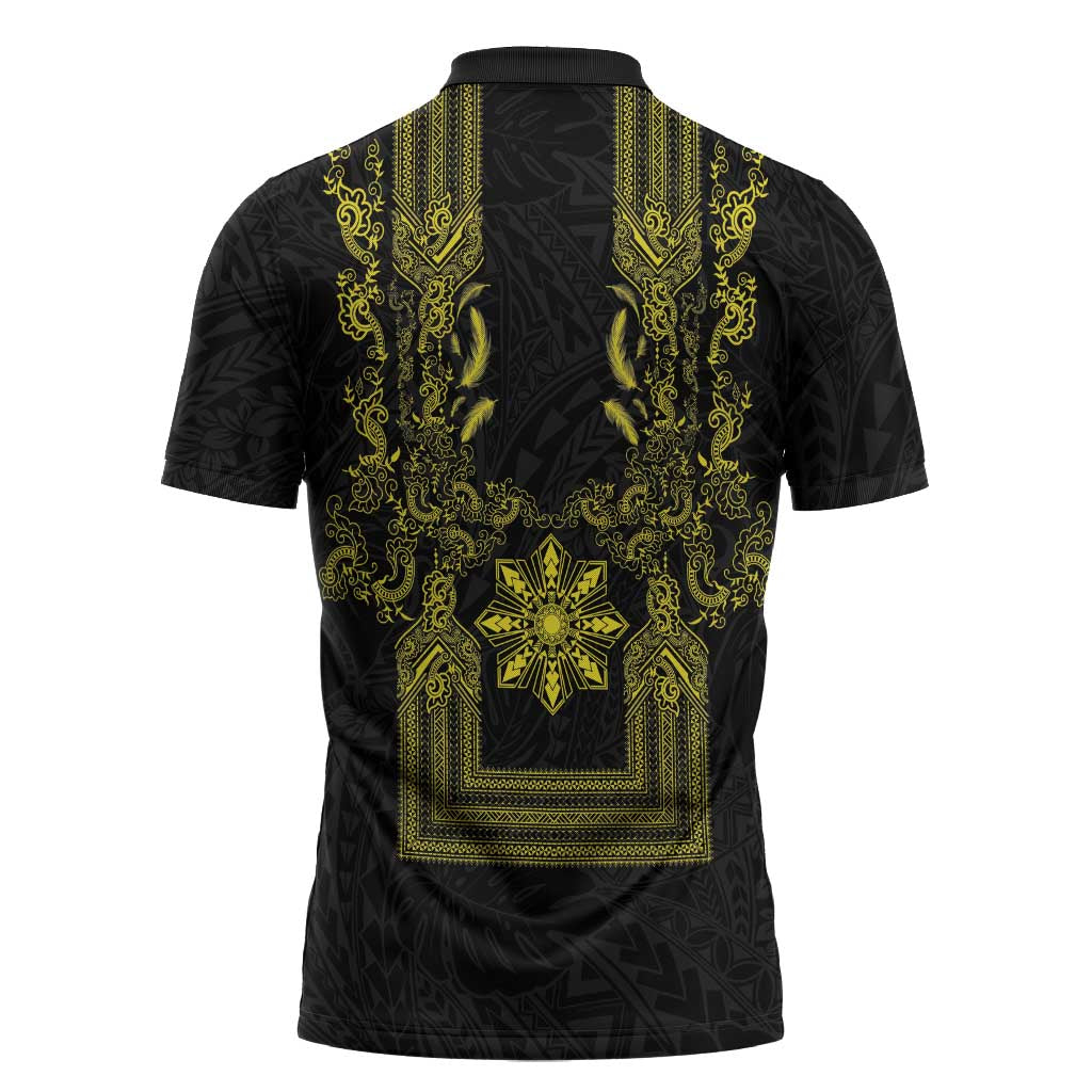 Philippines Barong Style Zipper Polo Shirt with Polynesian Art and Leaf Motif Black-Gold Color LT03 - Polynesian Pride