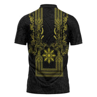 Philippines Barong Style Zipper Polo Shirt with Polynesian Art and Leaf Motif Black-Gold Color LT03 - Polynesian Pride