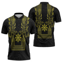 Philippines Barong Style Zipper Polo Shirt with Polynesian Art and Leaf Motif Black-Gold Color LT03 - Polynesian Pride