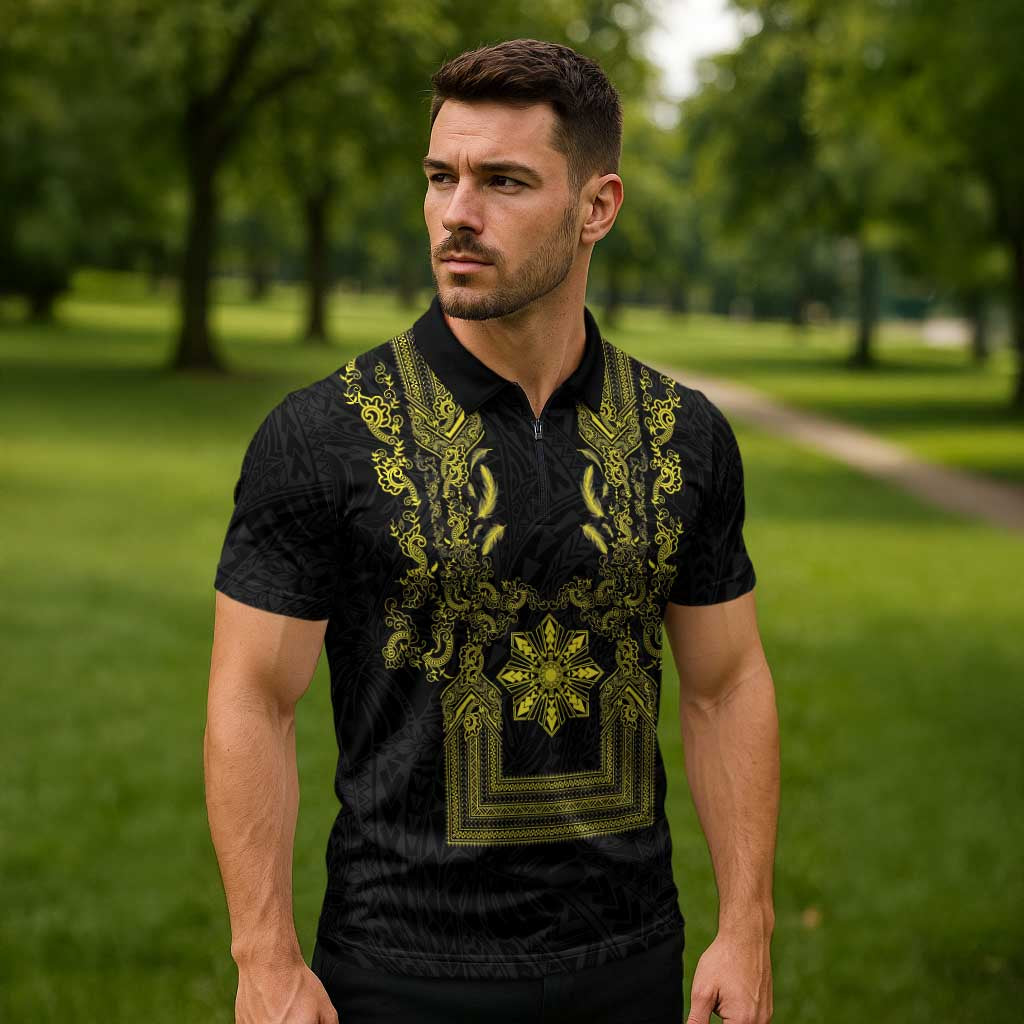 Philippines Barong Style Zipper Polo Shirt with Polynesian Art and Leaf Motif Black-Gold Color LT03 - Polynesian Pride
