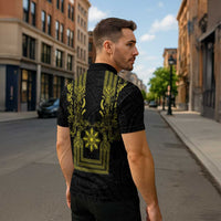 Philippines Barong Style Zipper Polo Shirt with Polynesian Art and Leaf Motif Black-Gold Color LT03 - Polynesian Pride