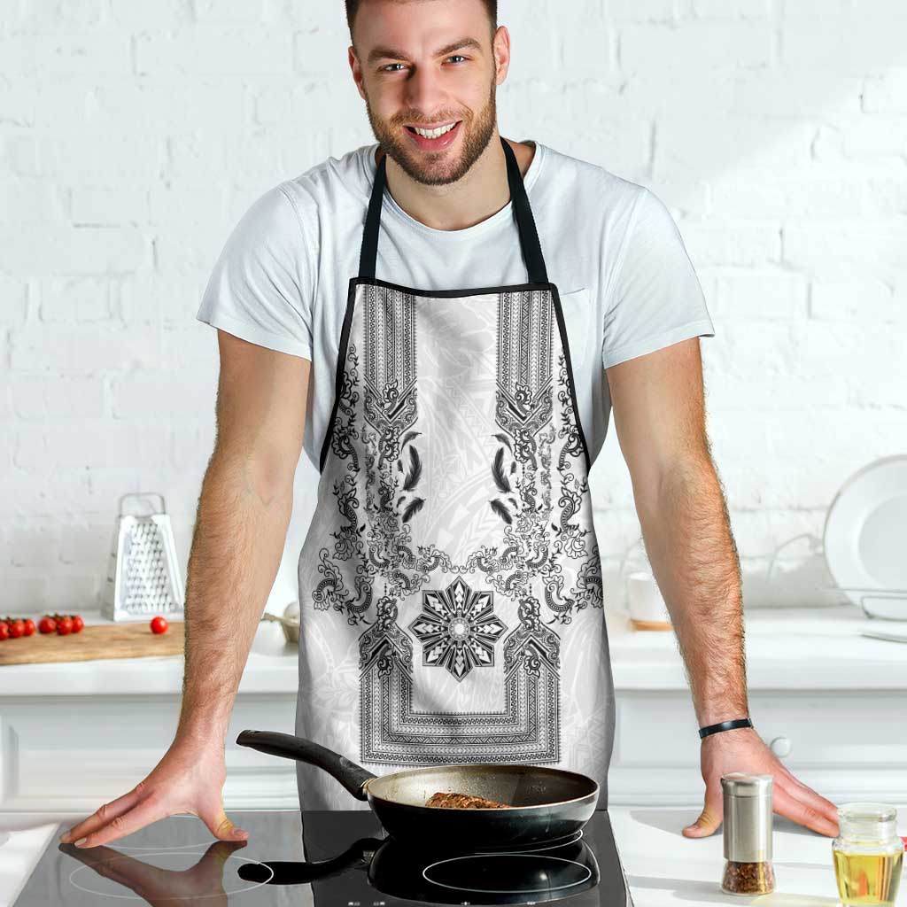 Philippines Barong Style Apron with Polynesian Art and Leaf Motif Black-White Color