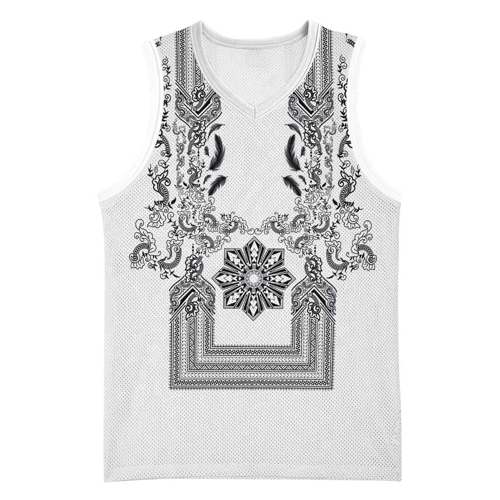 Philippines Barong Style Basketball Jersey with Polynesian Art and Leaf Motif Black-White Color
