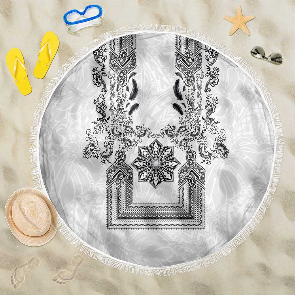 Philippines Barong Style Beach Blanket with Polynesian Art and Leaf Motif Black-White Color