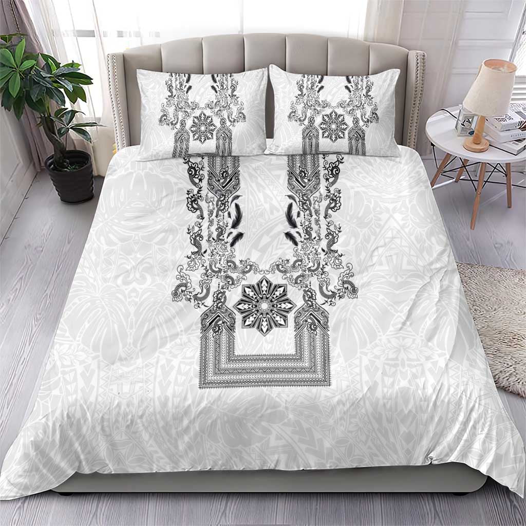 Philippines Barong Style Bedding Set with Polynesian Art and Leaf Motif Black-White Color