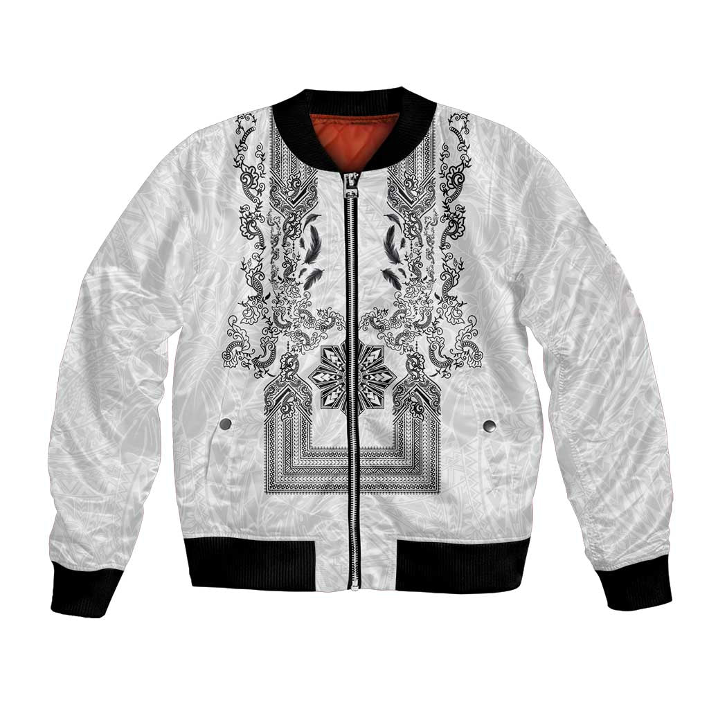 Philippines Barong Style Bomber Jacket with Polynesian Art and Leaf Motif Black-White Color LT03 Unisex White - Polynesian Pride