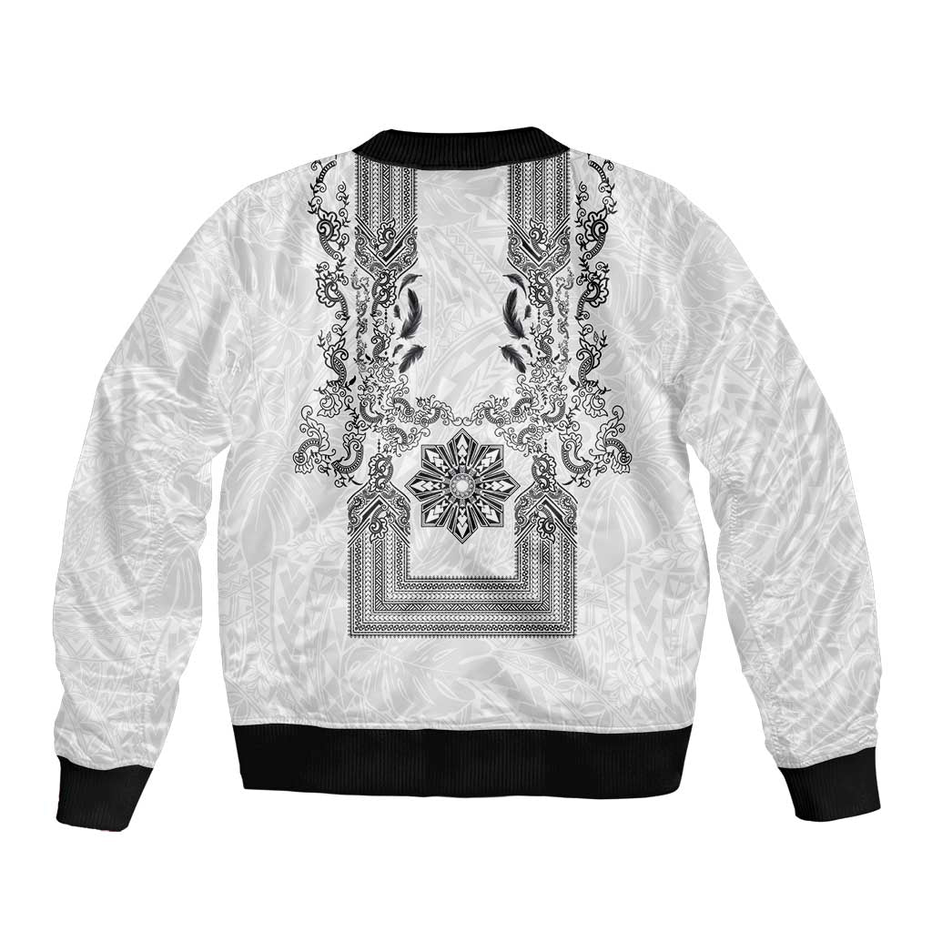 Philippines Barong Style Bomber Jacket with Polynesian Art and Leaf Motif Black-White Color LT03 - Polynesian Pride