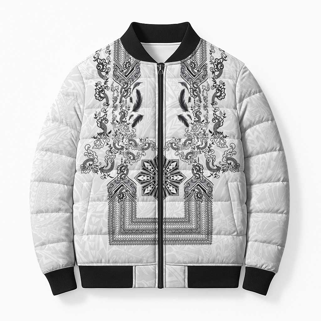 Philippines Barong Style Bomber Puffer Jacket with Polynesian Art and Leaf Motif Black-White Color