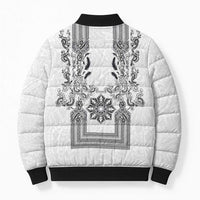 Philippines Barong Style Bomber Puffer Jacket with Polynesian Art and Leaf Motif Black-White Color