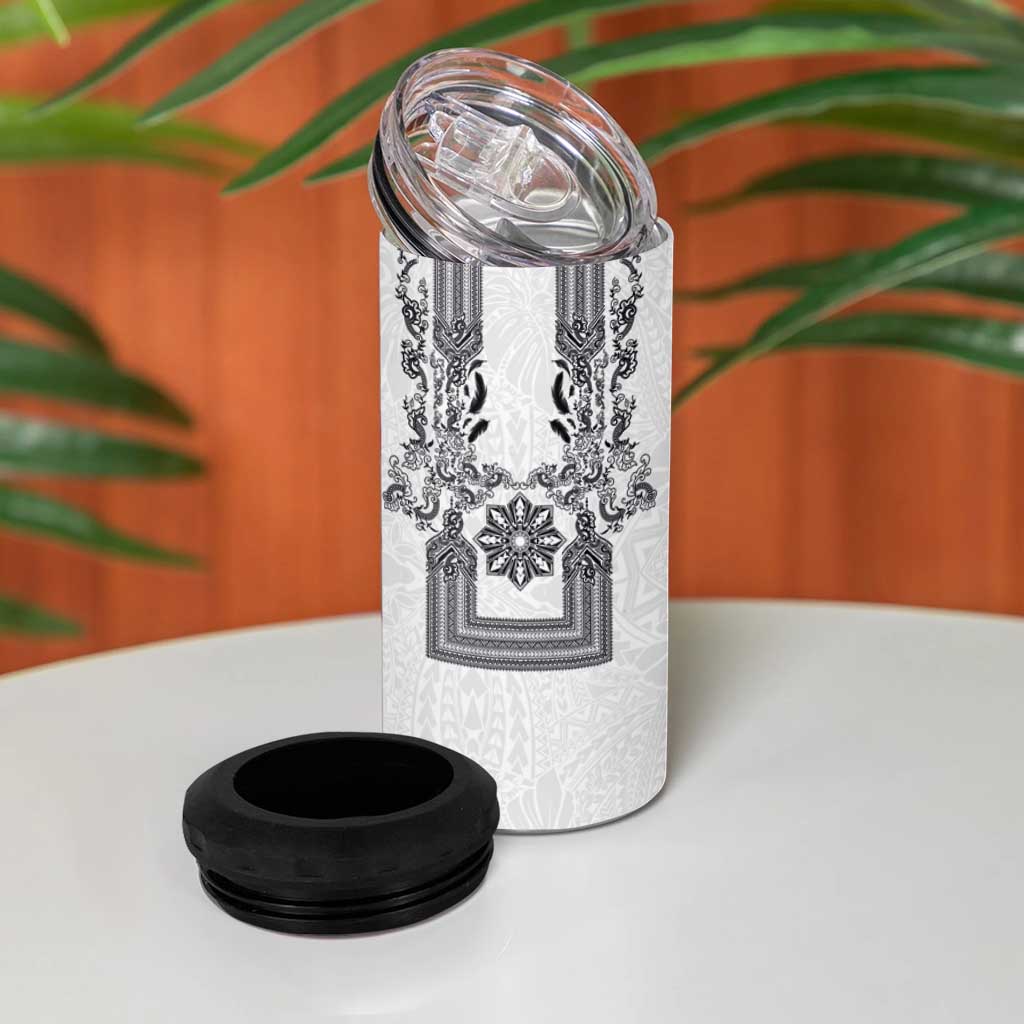 Philippines Barong Style 4 in 1 Can Cooler Tumbler with Polynesian Art and Leaf Motif Black-White Color LT03 - Polynesian Pride