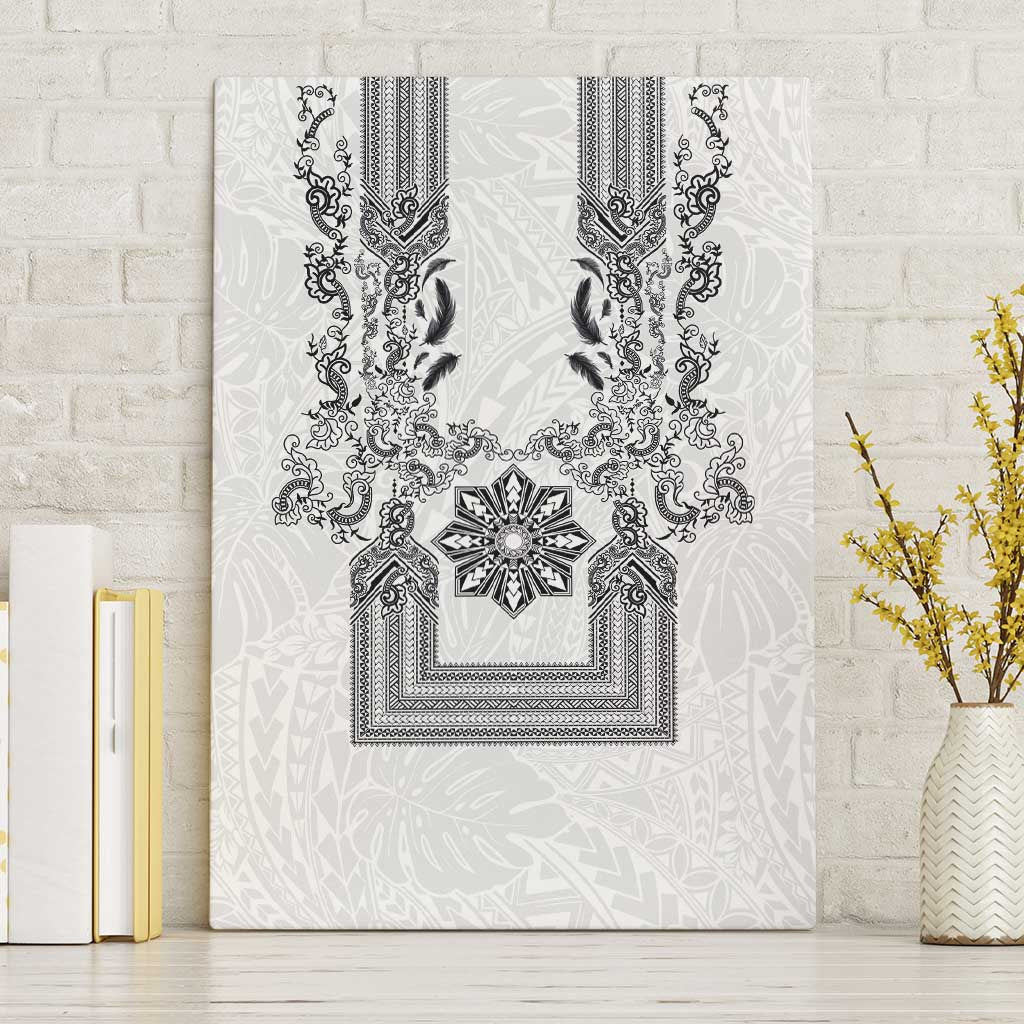Philippines Barong Style Canvas Wall Art with Polynesian Art and Leaf Motif Black-White Color LT03 Without Frame White - Polynesian Pride