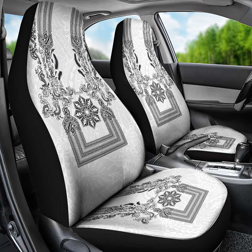 Philippines Barong Style Car Seat Cover with Polynesian Art and Leaf Motif Black-White Color