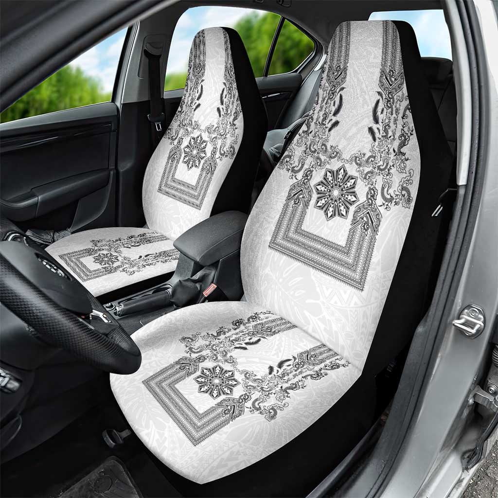 Philippines Barong Style Car Seat Cover with Polynesian Art and Leaf Motif Black-White Color