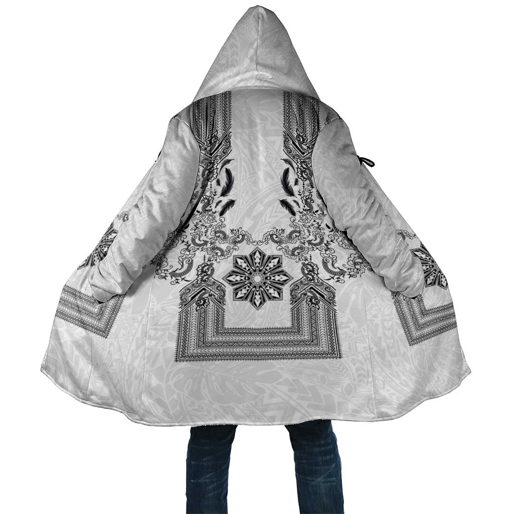 Philippines Barong Style Cloak with Polynesian Art and Leaf Motif Black-White Color LT03 Unisex White - Polynesian Pride