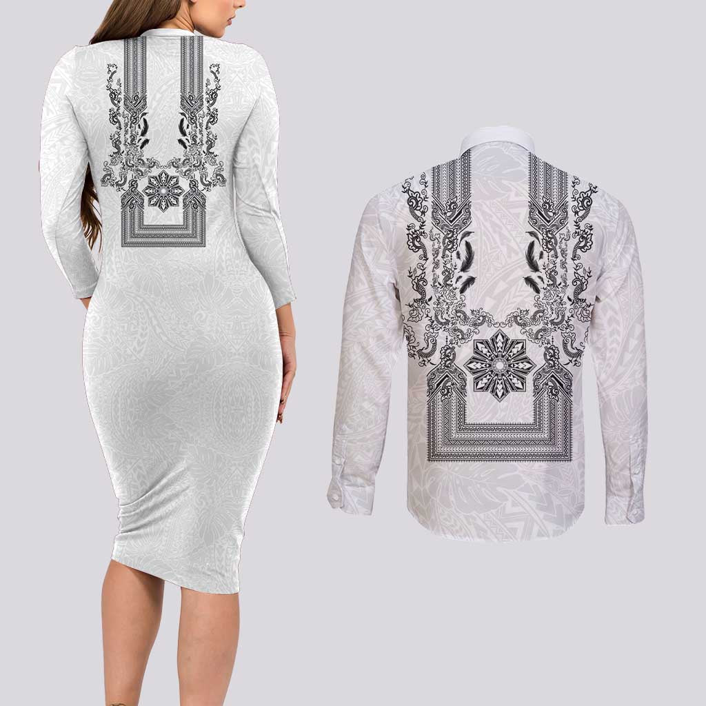 Philippines Barong Style Couples Matching Long Sleeve Bodycon Dress and Long Sleeve Button Shirt with Polynesian Art and Leaf Motif Black-White Color LT03 - Polynesian Pride