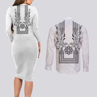 Philippines Barong Style Couples Matching Long Sleeve Bodycon Dress and Long Sleeve Button Shirt with Polynesian Art and Leaf Motif Black-White Color LT03 - Polynesian Pride