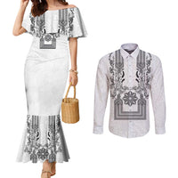 Philippines Barong Style Couples Matching Mermaid Dress and Long Sleeve Button Shirt with Polynesian Art and Leaf Motif Black-White Color LT03 White - Polynesian Pride