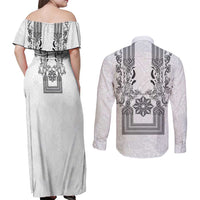 Philippines Barong Style Couples Matching Off Shoulder Maxi Dress and Long Sleeve Button Shirt with Polynesian Art and Leaf Motif Black-White Color LT03 - Polynesian Pride