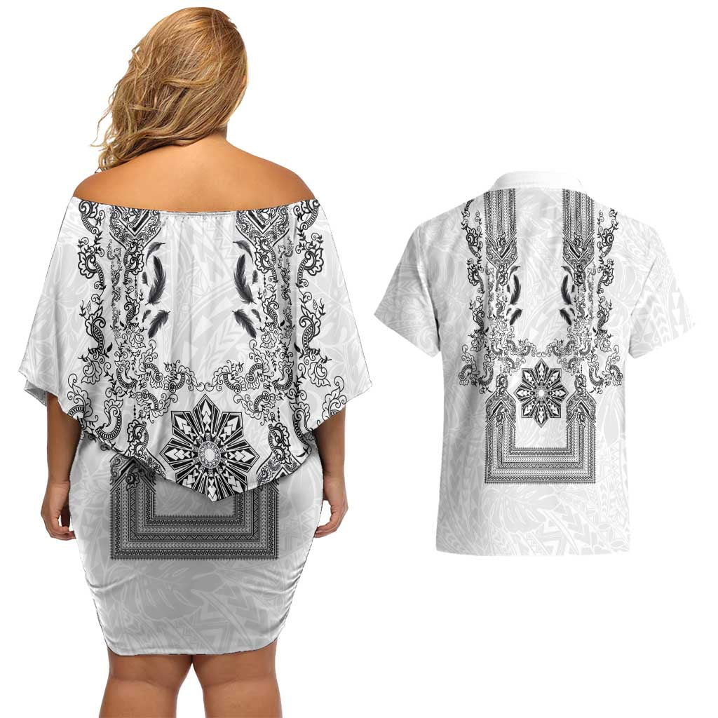 Philippines Barong Style Couples Matching Off Shoulder Short Dress and Hawaiian Shirt with Polynesian Art and Leaf Motif Black-White Color LT03 - Polynesian Pride