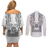 Philippines Barong Style Couples Matching Off Shoulder Short Dress and Long Sleeve Button Shirt with Polynesian Art and Leaf Motif Black-White Color LT03 - Polynesian Pride