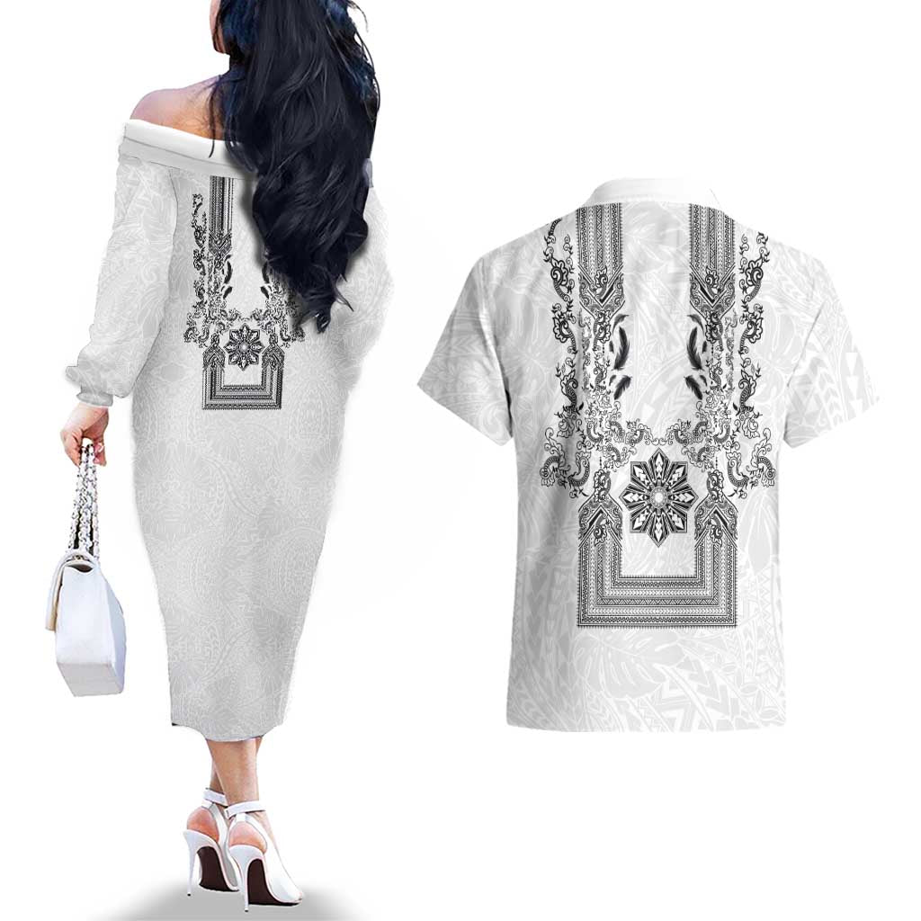 Philippines Barong Style Couples Matching Off The Shoulder Long Sleeve Dress and Hawaiian Shirt with Polynesian Art and Leaf Motif Black-White Color