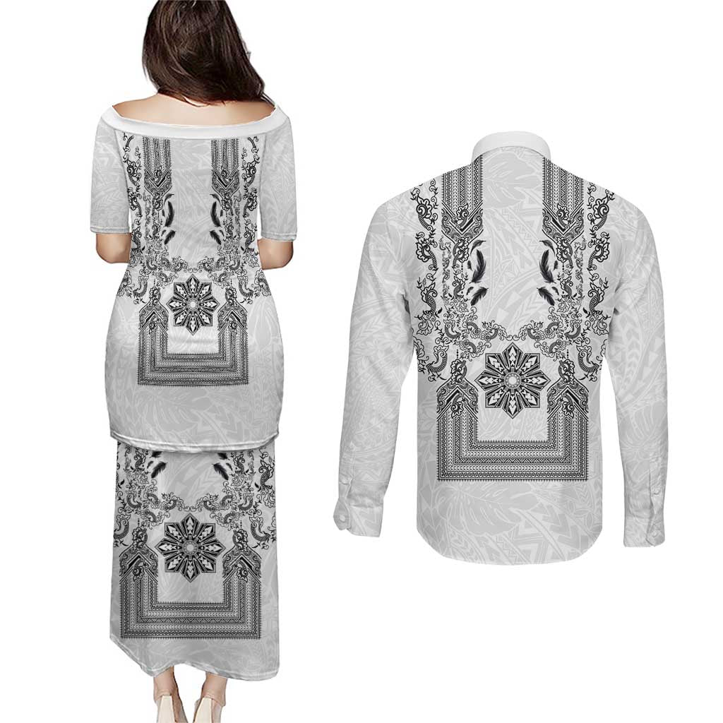 Philippines Barong Style Couples Matching Puletasi and Long Sleeve Button Shirt with Polynesian Art and Leaf Motif Black-White Color LT03 - Polynesian Pride