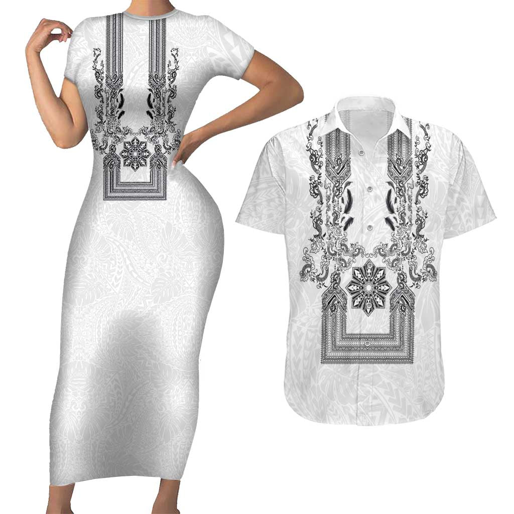Philippines Barong Style Couples Matching Short Sleeve Bodycon Dress and Hawaiian Shirt with Polynesian Art and Leaf Motif Black-White Color