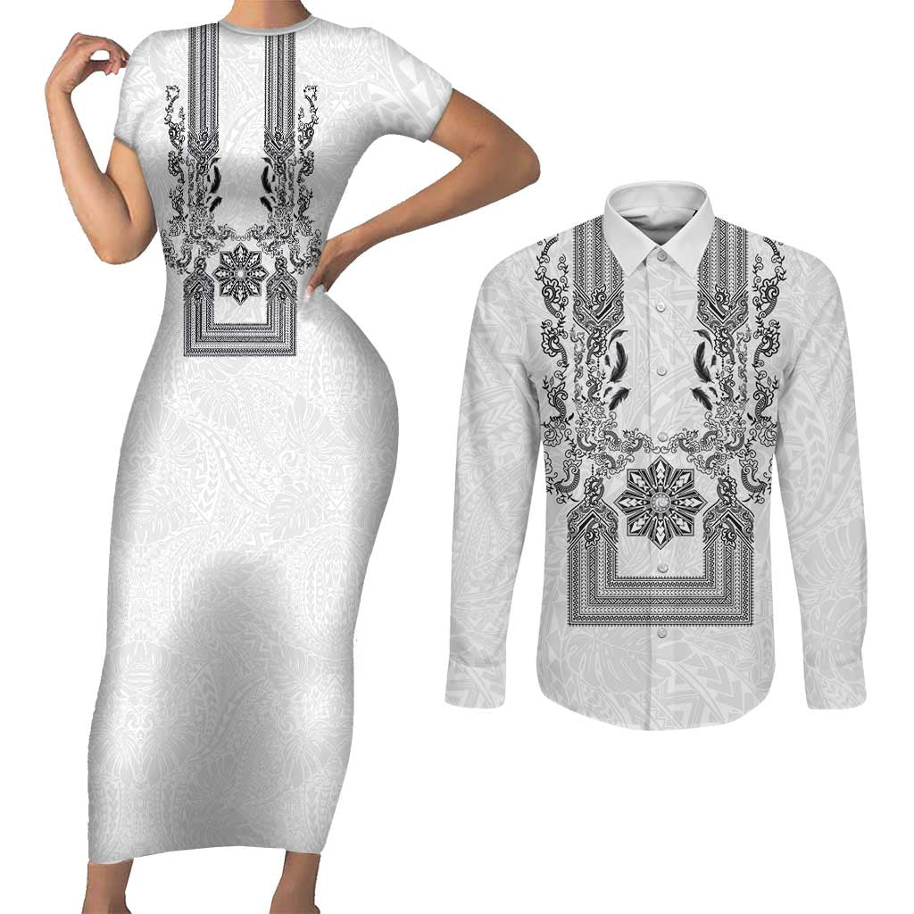 Philippines Barong Style Couples Matching Short Sleeve Bodycon Dress and Long Sleeve Button Shirt with Polynesian Art and Leaf Motif Black-White Color