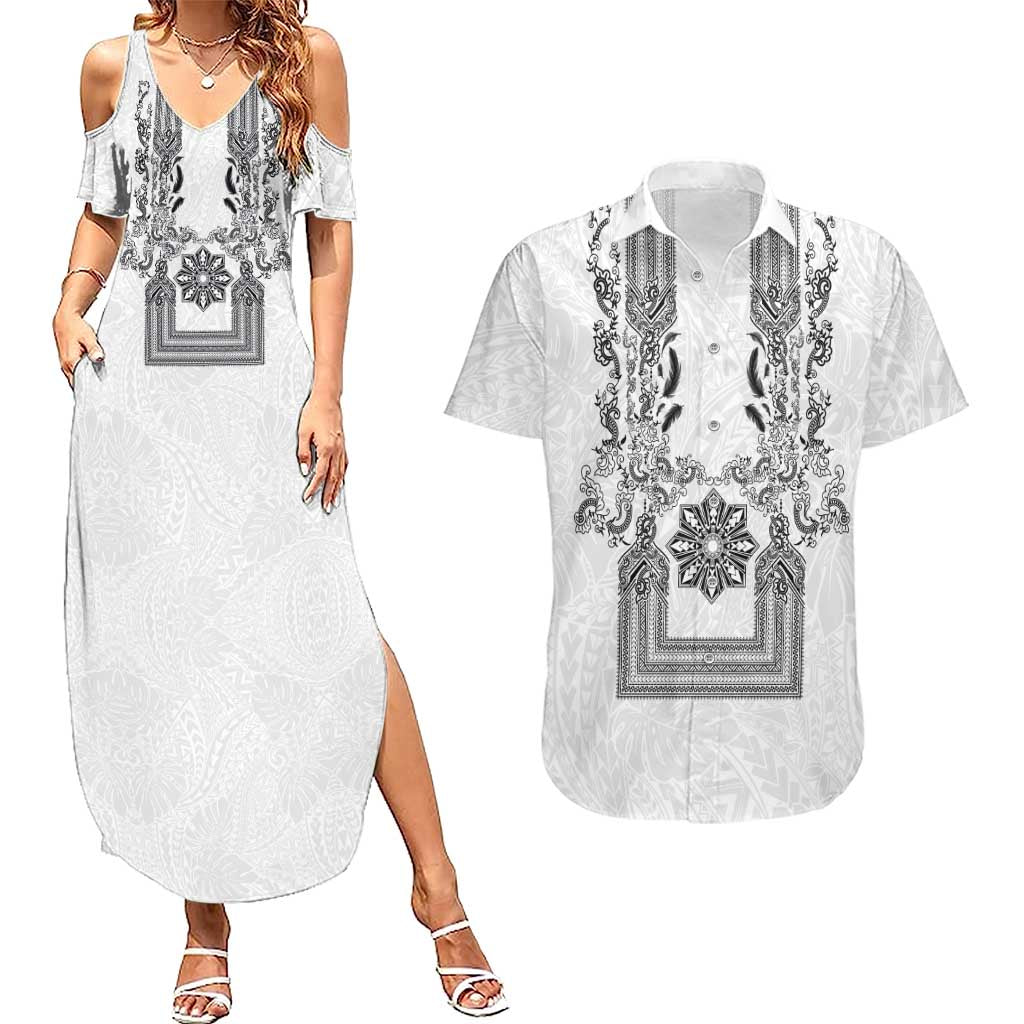 Philippines Barong Style Couples Matching Summer Maxi Dress and Hawaiian Shirt with Polynesian Art and Leaf Motif Black-White Color LT03 White - Polynesian Pride