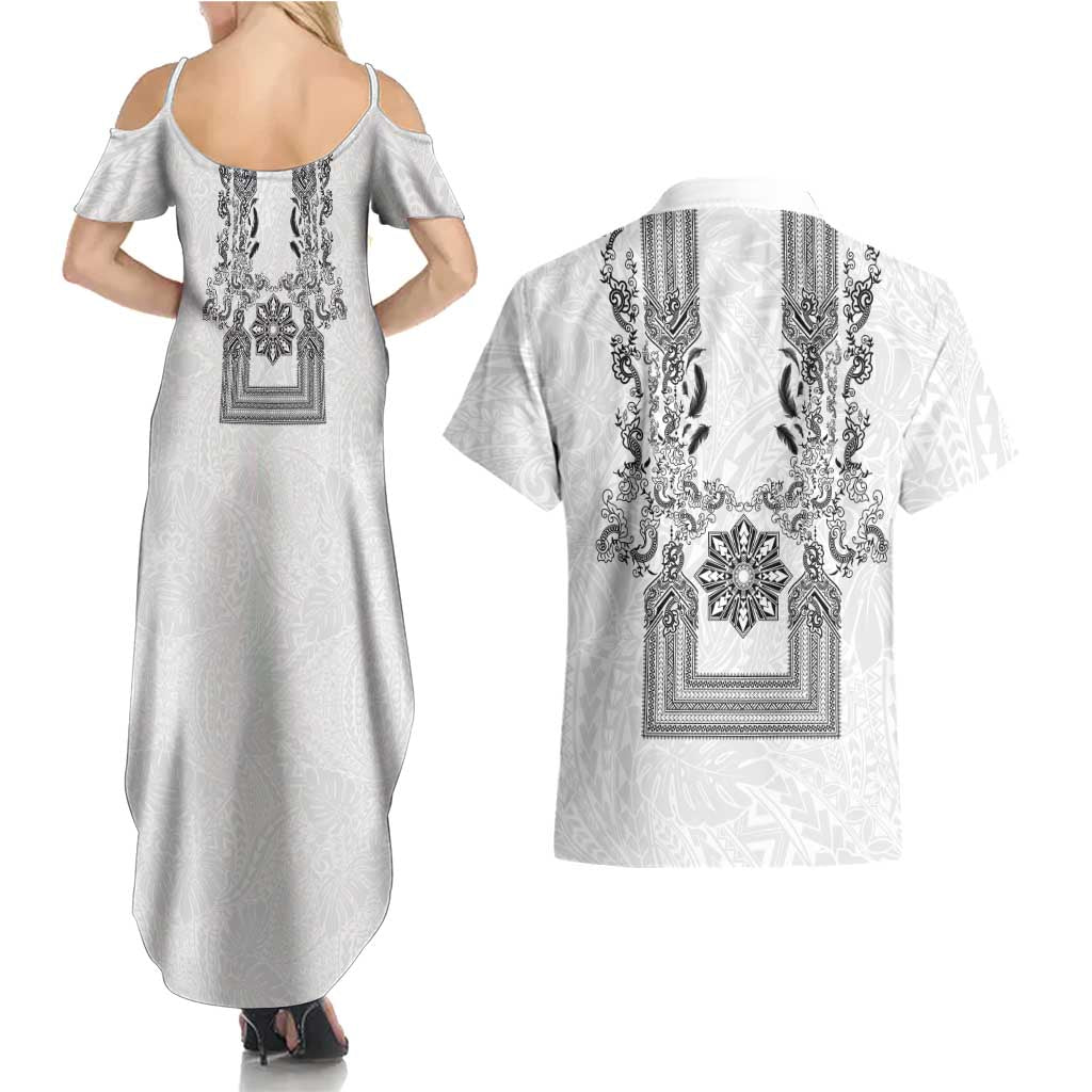 Philippines Barong Style Couples Matching Summer Maxi Dress and Hawaiian Shirt with Polynesian Art and Leaf Motif Black-White Color LT03 - Polynesian Pride