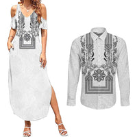 Philippines Barong Style Couples Matching Summer Maxi Dress and Long Sleeve Button Shirt with Polynesian Art and Leaf Motif Black-White Color LT03 White - Polynesian Pride