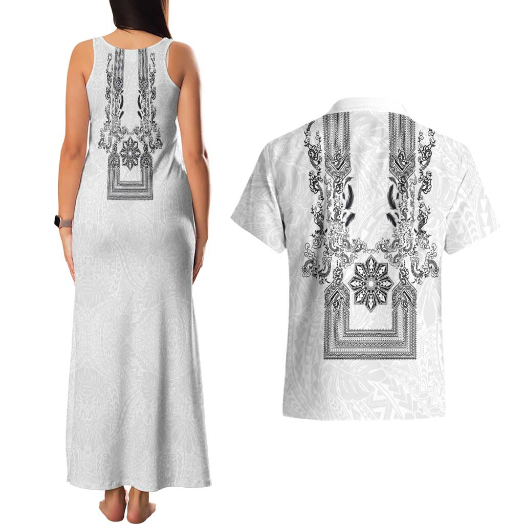 Philippines Barong Style Couples Matching Tank Maxi Dress and Hawaiian Shirt with Polynesian Art and Leaf Motif Black-White Color LT03 - Polynesian Pride