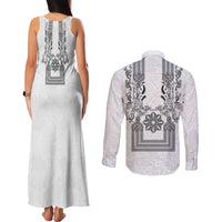 Philippines Barong Style Couples Matching Tank Maxi Dress and Long Sleeve Button Shirt with Polynesian Art and Leaf Motif Black-White Color LT03 - Polynesian Pride