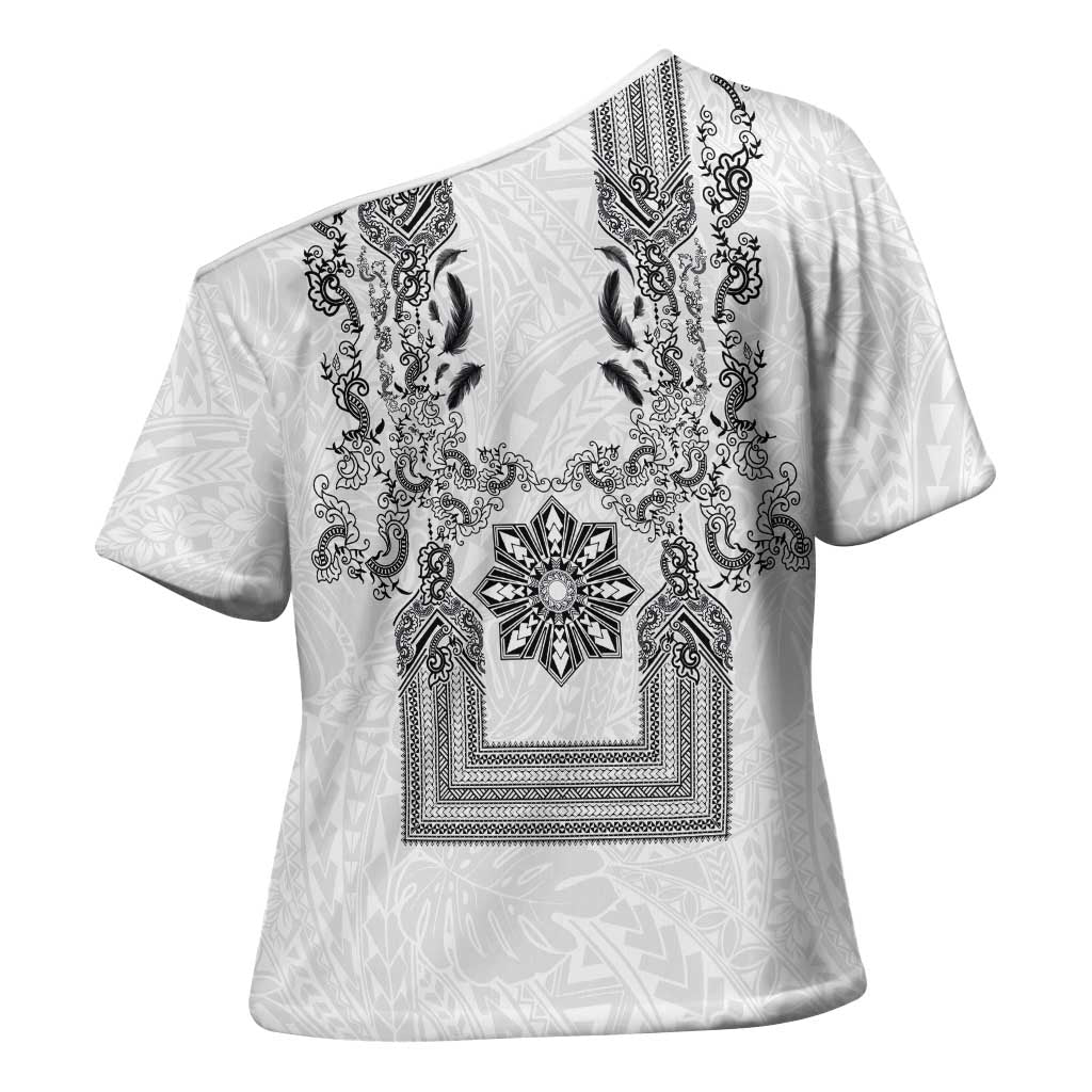 Philippines Barong Style Cross Shoulder Shirt with Polynesian Art and Leaf Motif Black-White Color
