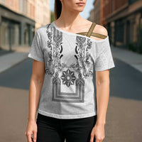 Philippines Barong Style Cross Shoulder Shirt with Polynesian Art and Leaf Motif Black-White Color