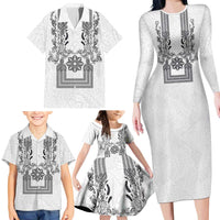 Philippines Barong Style Family Matching Long Sleeve Bodycon Dress and Hawaiian Shirt with Polynesian Art and Leaf Motif Black-White Color LT03 - Polynesian Pride