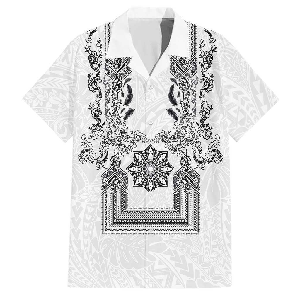 Philippines Barong Style Family Matching Long Sleeve Bodycon Dress and Hawaiian Shirt with Polynesian Art and Leaf Motif Black-White Color LT03 Dad's Shirt - Short Sleeve White - Polynesian Pride