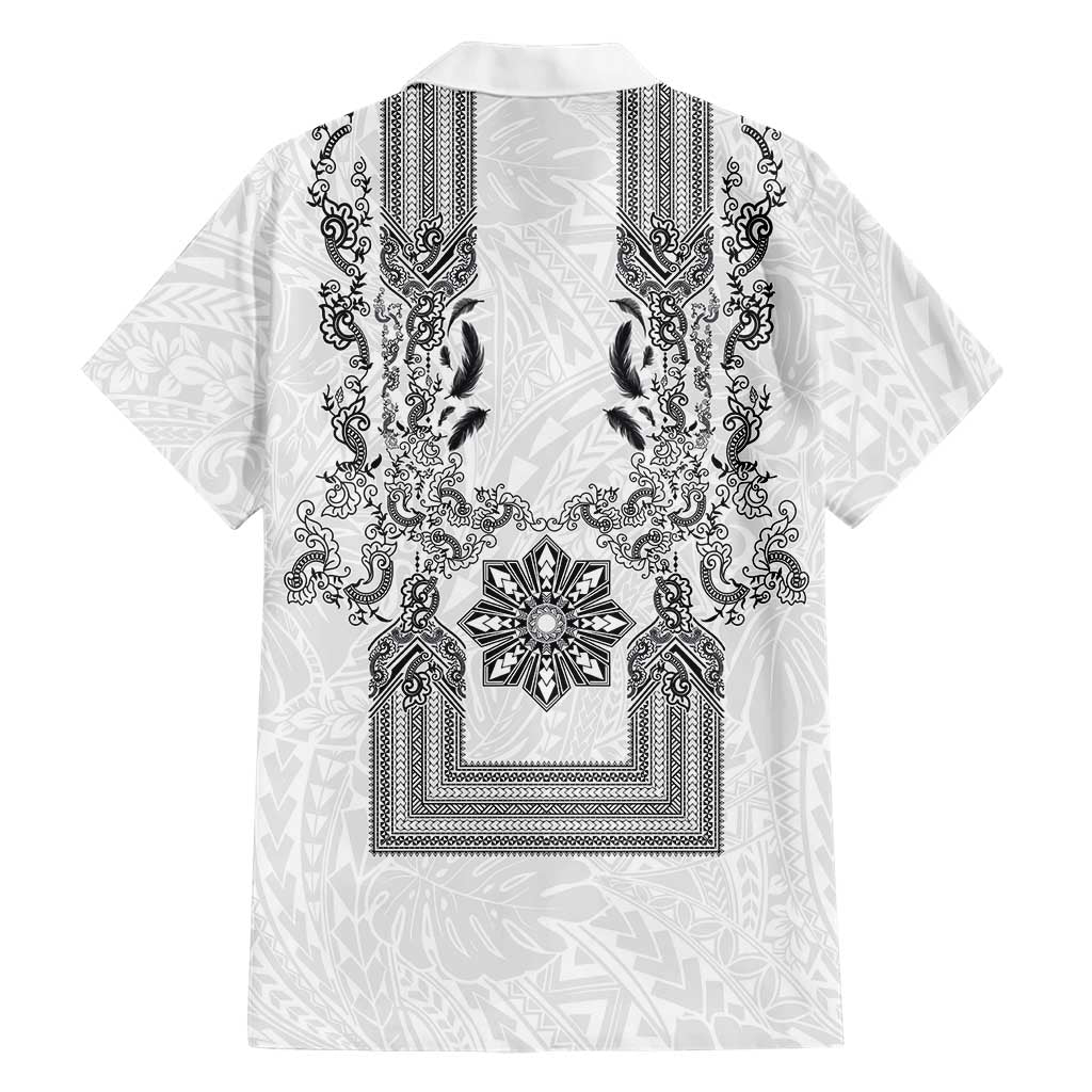 Philippines Barong Style Family Matching Mermaid Dress and Hawaiian Shirt with Polynesian Art and Leaf Motif Black-White Color LT03 - Polynesian Pride