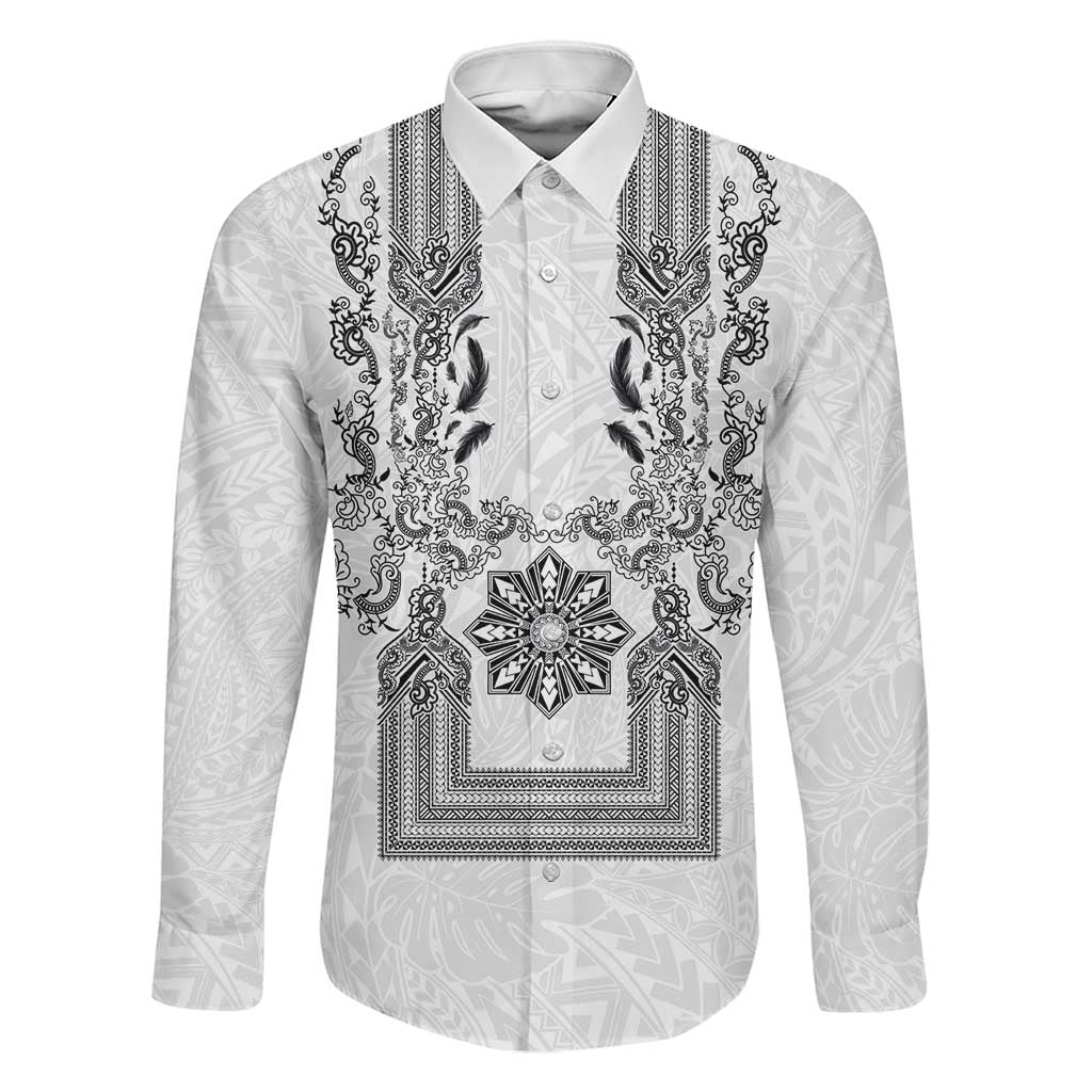 Philippines Barong Style Family Matching Off The Shoulder Long Sleeve Dress and Hawaiian Shirt with Polynesian Art and Leaf Motif Black-White Color LT03 Dad's Shirt - Long Sleeve White - Polynesian Pride