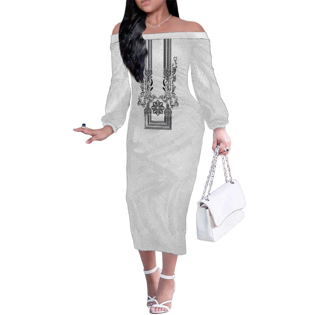 Philippines Barong Style Family Matching Off The Shoulder Long Sleeve Dress and Hawaiian Shirt with Polynesian Art and Leaf Motif Black-White Color LT03 Mom's Dress White - Polynesian Pride