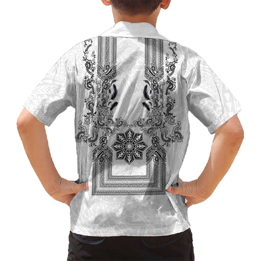 Philippines Barong Style Family Matching Off Shoulder Maxi Dress and Hawaiian Shirt with Polynesian Art and Leaf Motif Black-White Color LT03 - Polynesian Pride