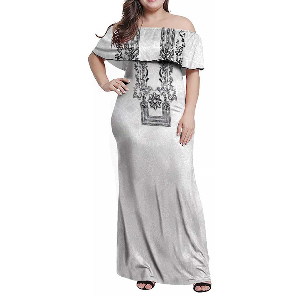 Philippines Barong Style Family Matching Off Shoulder Maxi Dress and Hawaiian Shirt with Polynesian Art and Leaf Motif Black-White Color LT03 Mom's Dress White - Polynesian Pride
