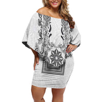 Philippines Barong Style Family Matching Off Shoulder Short Dress and Hawaiian Shirt with Polynesian Art and Leaf Motif Black-White Color LT03 Mom's Dress White - Polynesian Pride