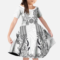 Philippines Barong Style Family Matching Puletasi and Hawaiian Shirt with Polynesian Art and Leaf Motif Black-White Color