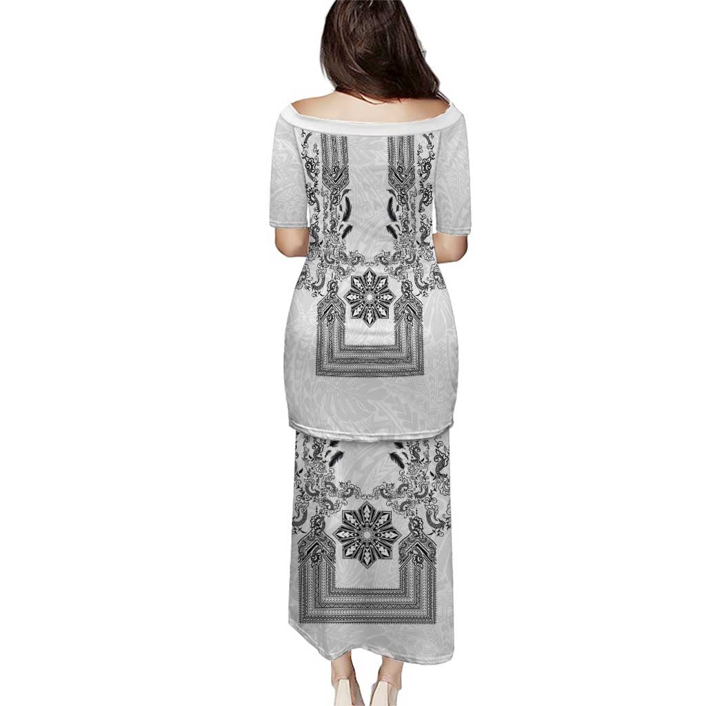Philippines Barong Style Family Matching Puletasi and Hawaiian Shirt with Polynesian Art and Leaf Motif Black-White Color