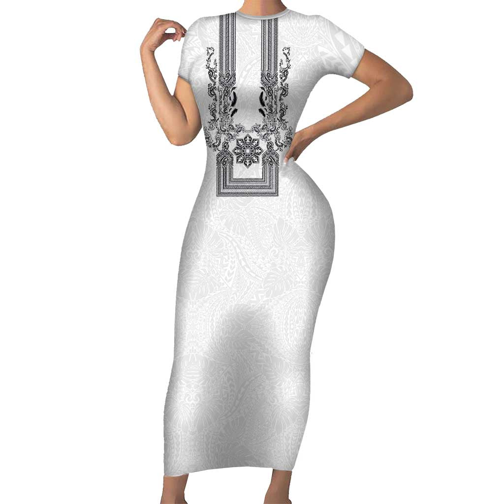 Philippines Barong Style Family Matching Short Sleeve Bodycon Dress and Hawaiian Shirt with Polynesian Art and Leaf Motif Black-White Color LT03 Mom's Dress White - Polynesian Pride