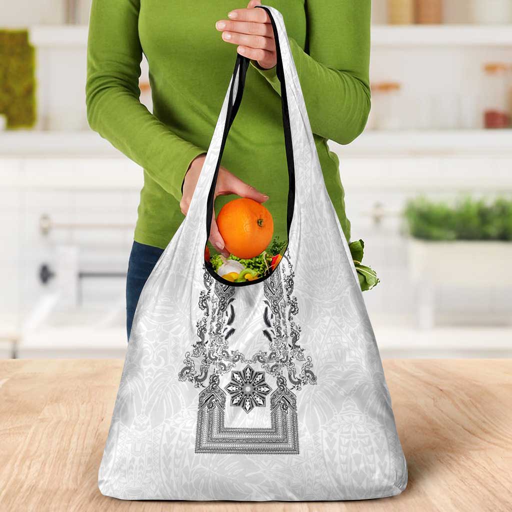 Philippines Barong Style Grocery Bag with Polynesian Art and Leaf Motif Black-White Color