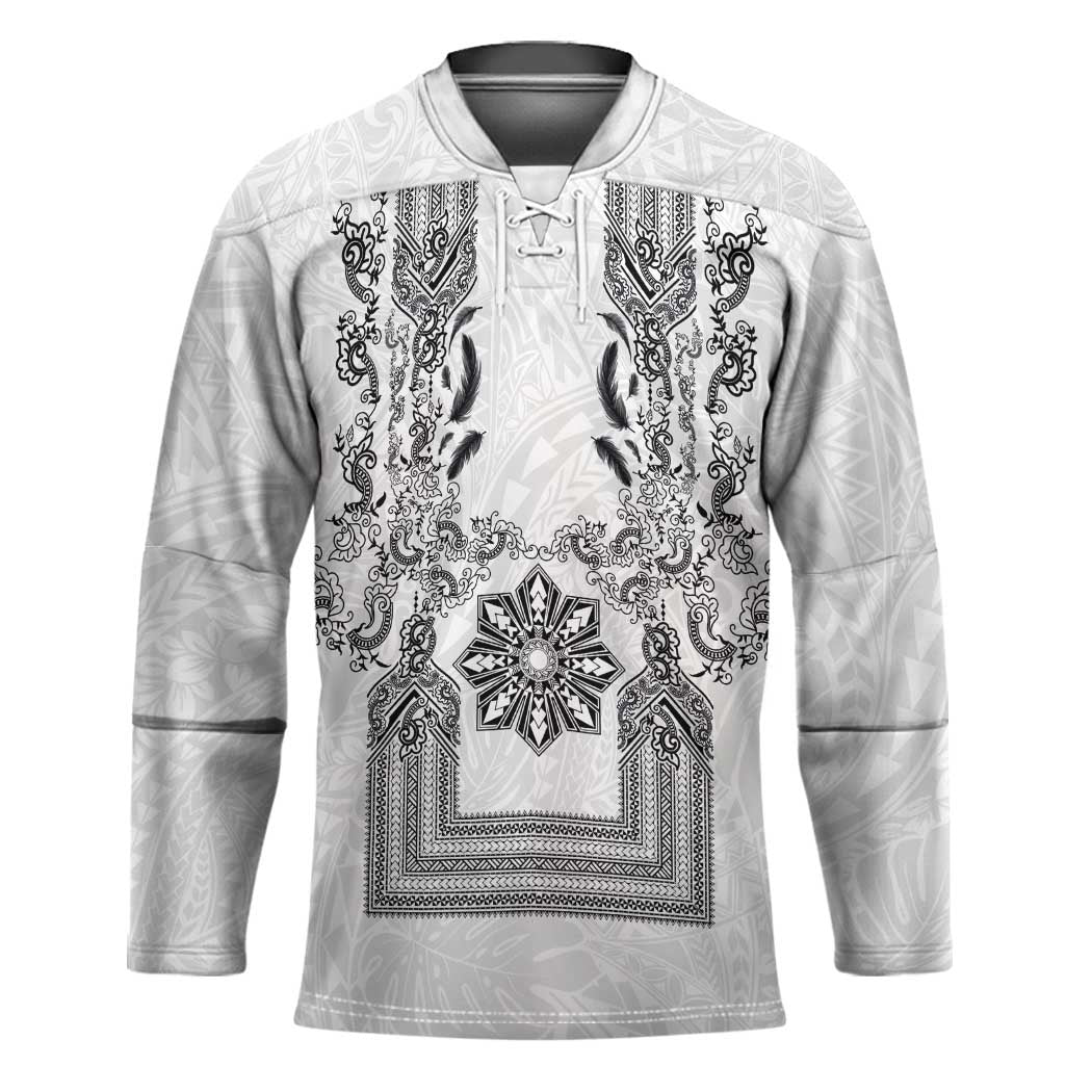 Philippines Barong Style Hockey Jersey with Polynesian Art and Leaf Motif Black-White Color
